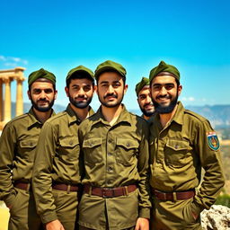 A group of young Iranian Basij men, proudly standing together, embodying camaraderie and patriotism