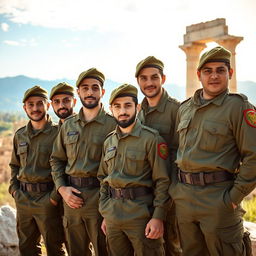 A group of young Iranian Basij men, proudly standing together, embodying camaraderie and patriotism