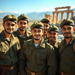 A group of young Iranian Basij men, proudly standing together, embodying camaraderie and patriotism