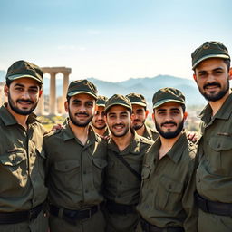 A group of young Iranian Basij men, proudly standing together, embodying camaraderie and patriotism