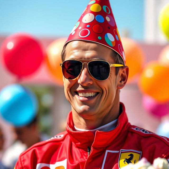 A celebratory portrait of Michael Schumacher wearing a bright red Ferrari racing suit