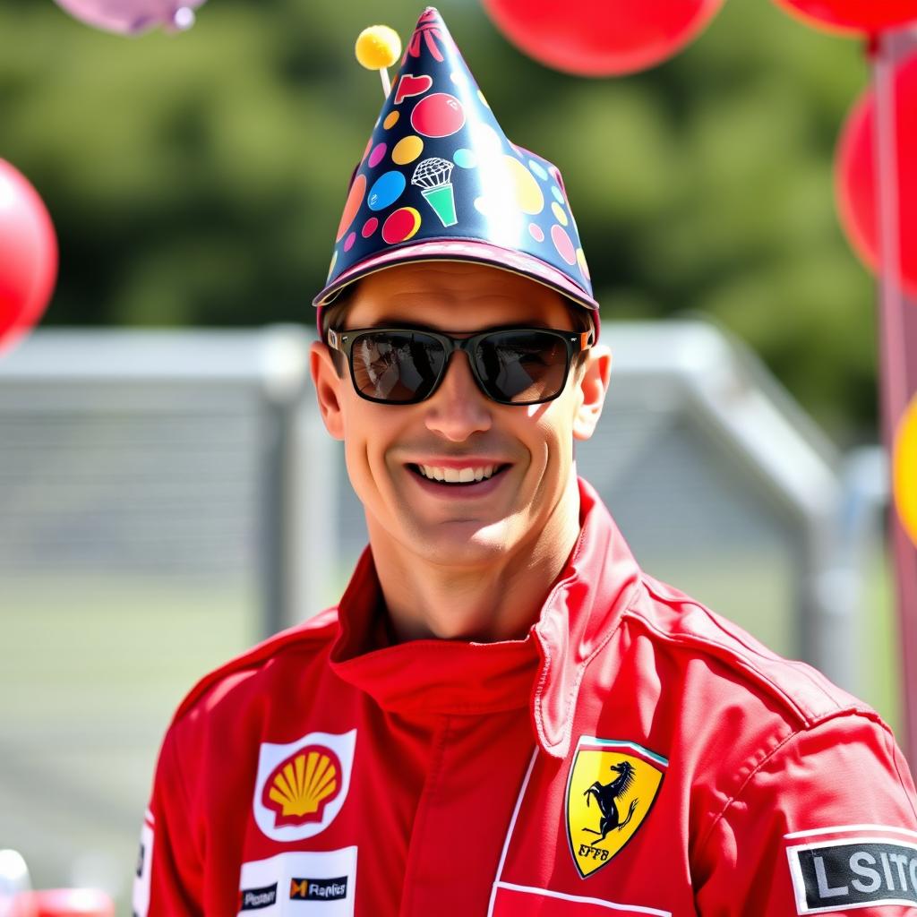 A celebratory portrait of Michael Schumacher wearing a bright red Ferrari racing suit