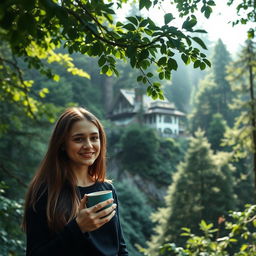 A beautiful and majestic forest scene featuring a stunning villa nestled among the trees, with lush greenery surrounding it
