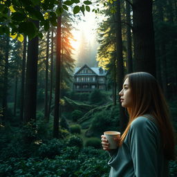 A beautiful and majestic forest scene featuring a stunning villa nestled among the trees, with lush greenery surrounding it