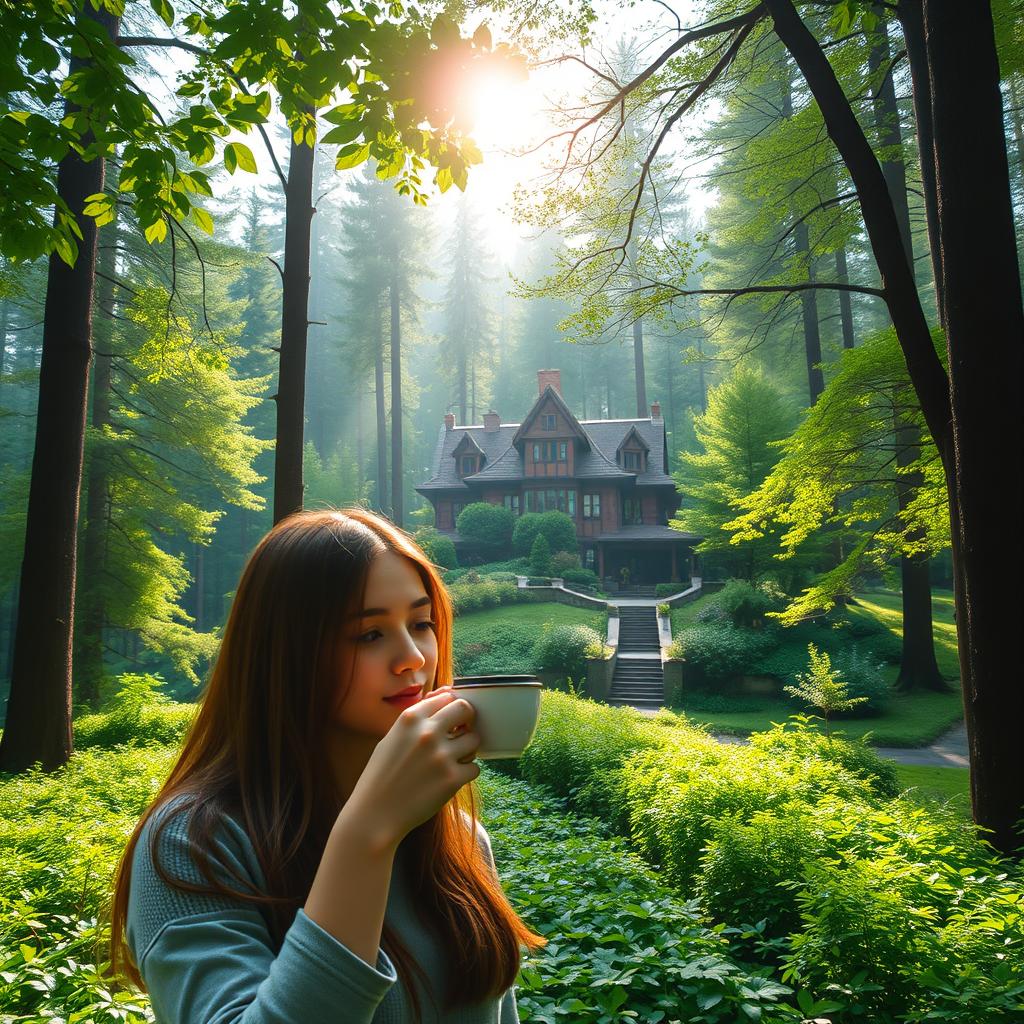 A beautiful and majestic forest scene featuring a stunning villa nestled among the trees, with lush greenery surrounding it