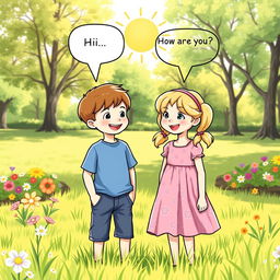 Two 10-year-old children, Sam and Sue, engage in a cheerful conversation in a sunny park setting