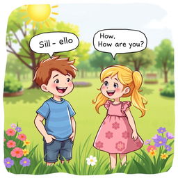 Two 10-year-old children, Sam and Sue, engage in a cheerful conversation in a sunny park setting