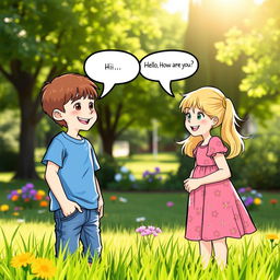 Two 10-year-old children, Sam and Sue, engage in a cheerful conversation in a sunny park setting