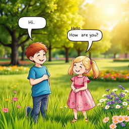Two 10-year-old children, Sam and Sue, engage in a cheerful conversation in a sunny park setting
