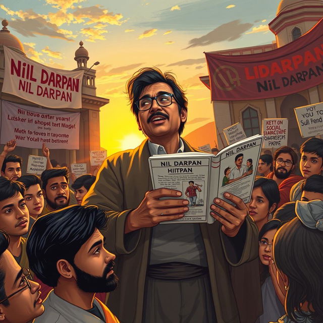 An artistic representation of an intellectual advocating for social change, inspired by the themes of 'Nil Darpan' by Dinabandhu Mitra