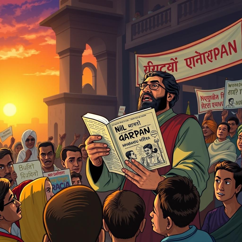 An artistic representation of an intellectual advocating for social change, inspired by the themes of 'Nil Darpan' by Dinabandhu Mitra