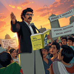 An artistic representation of an intellectual advocating for social change, inspired by the themes of 'Nil Darpan' by Dinabandhu Mitra