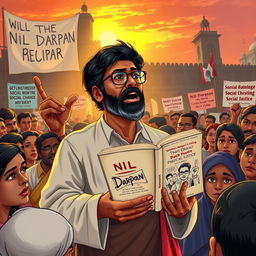 An artistic representation of an intellectual advocating for social change, inspired by the themes of 'Nil Darpan' by Dinabandhu Mitra
