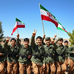 A vibrant and dynamic scene featuring a group of young Iranian Basij members, all dressed in military-style uniforms with green and earth tones
