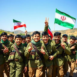 A vibrant and dynamic scene featuring a group of young Iranian Basij members, all dressed in military-style uniforms with green and earth tones