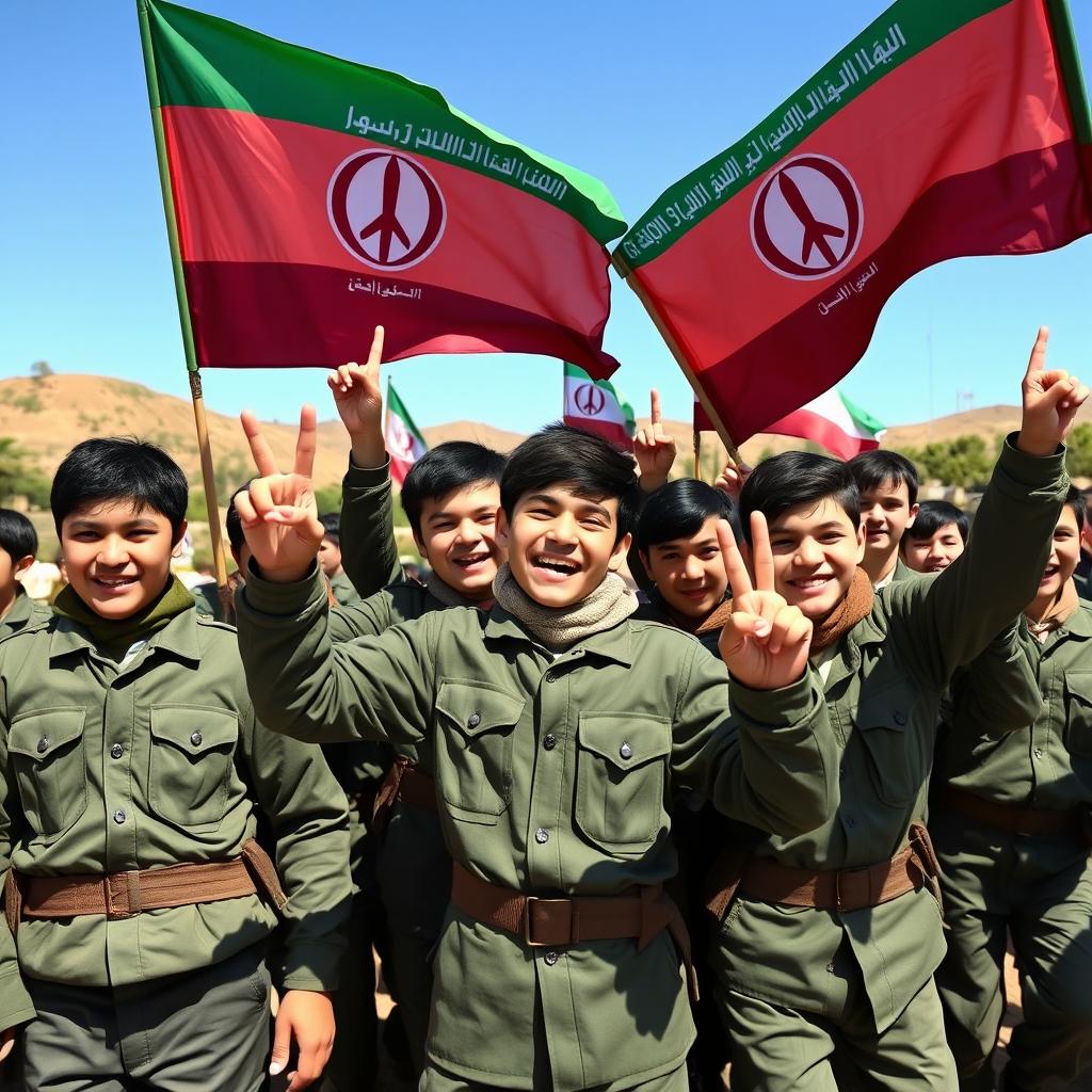 A vibrant and dynamic scene featuring a group of young Iranian Basij members, all dressed in military-style uniforms with green and earth tones