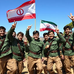 A vibrant and dynamic scene featuring a group of young Iranian Basij members, all dressed in military-style uniforms with green and earth tones