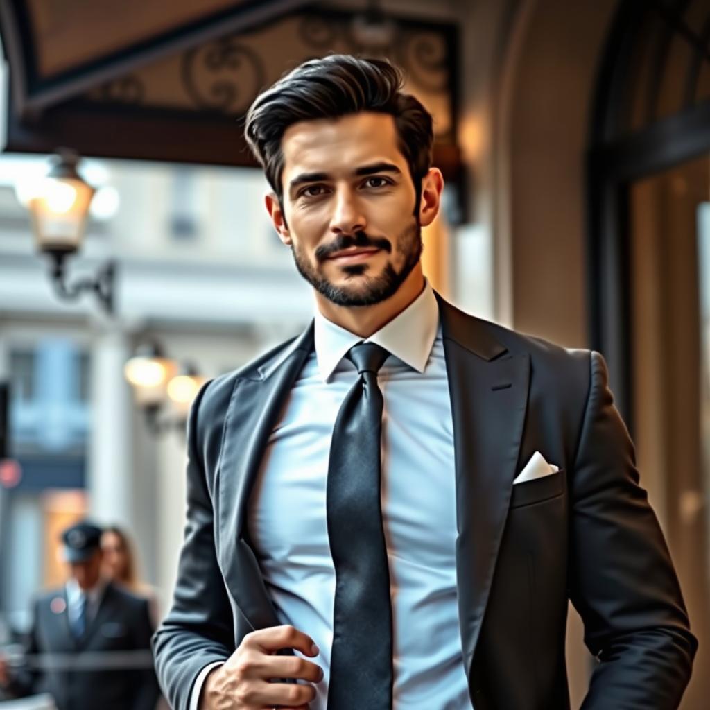 A handsome 40-year-old Italian man in excellent physical shape, dressed in elegant high-class attire