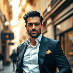 A handsome 40-year-old Italian man in excellent physical shape, dressed in elegant high-class attire