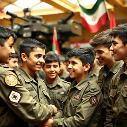 A group of young Iranian Basij boys inside a military base, wearing military uniforms and badges, engaged in activities such as training and discussing strategies