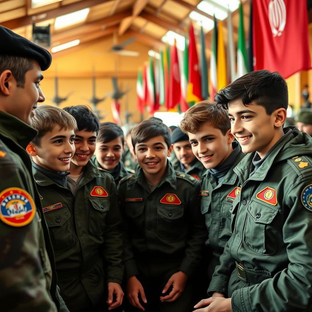 A group of young Iranian Basij boys inside a military base, wearing military uniforms and badges, engaged in activities such as training and discussing strategies