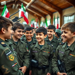 A group of young Iranian Basij boys inside a military base, wearing military uniforms and badges, engaged in activities such as training and discussing strategies