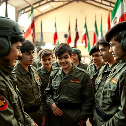 A group of young Iranian Basij boys inside a military base, wearing military uniforms and badges, engaged in activities such as training and discussing strategies