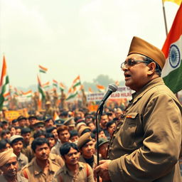 An inspirational scene depicting Netaji Subhas Chandra Bose passionately addressing a diverse group of supporters of the Azad Hind Fauj during the years 1943-1945