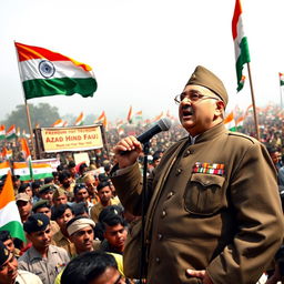 An inspirational scene depicting Netaji Subhas Chandra Bose passionately addressing a diverse group of supporters of the Azad Hind Fauj during the years 1943-1945
