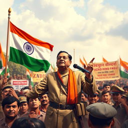 An inspirational scene depicting Netaji Subhas Chandra Bose passionately addressing a diverse group of supporters of the Azad Hind Fauj during the years 1943-1945