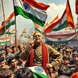 An inspirational scene depicting Netaji Subhas Chandra Bose passionately addressing a diverse group of supporters of the Azad Hind Fauj during the years 1943-1945