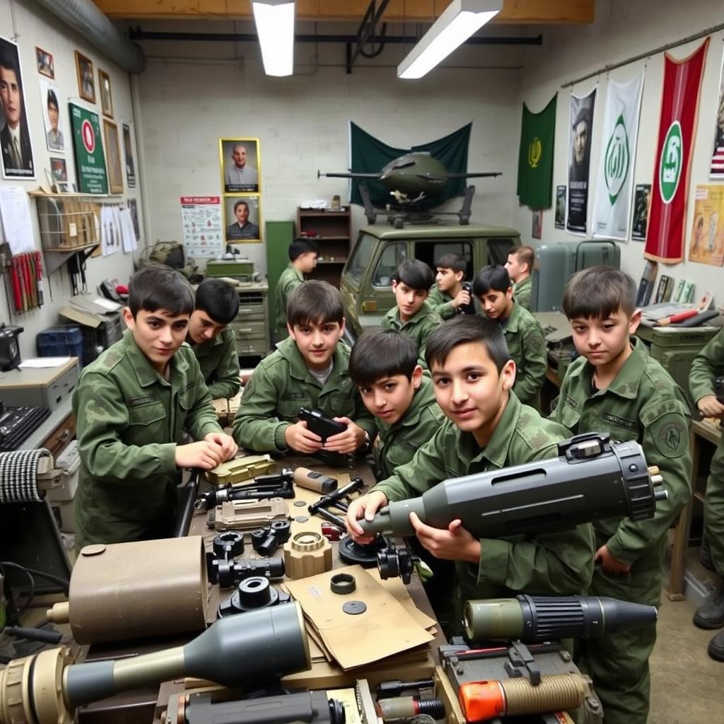 A group of young Iranian Basij boys working inside a military base, actively engaged in various tasks such as assembling equipment, maintaining vehicles, and planning operations