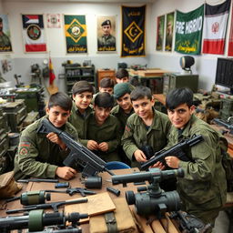A group of young Iranian Basij boys working inside a military base, actively engaged in various tasks such as assembling equipment, maintaining vehicles, and planning operations