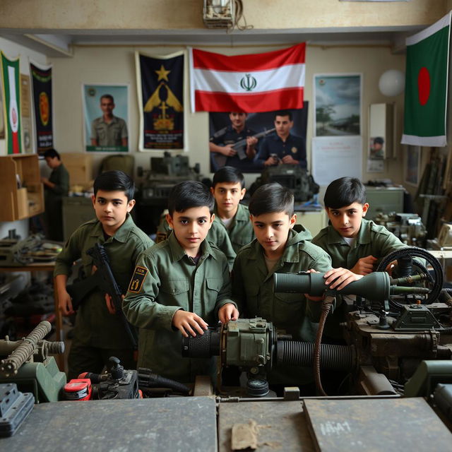 A group of young Iranian Basij boys working inside a military base, actively engaged in various tasks such as assembling equipment, maintaining vehicles, and planning operations