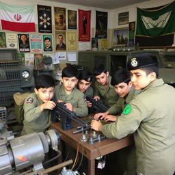 A group of young Iranian Basij boys working inside a military base, actively engaged in various tasks such as assembling equipment, maintaining vehicles, and planning operations