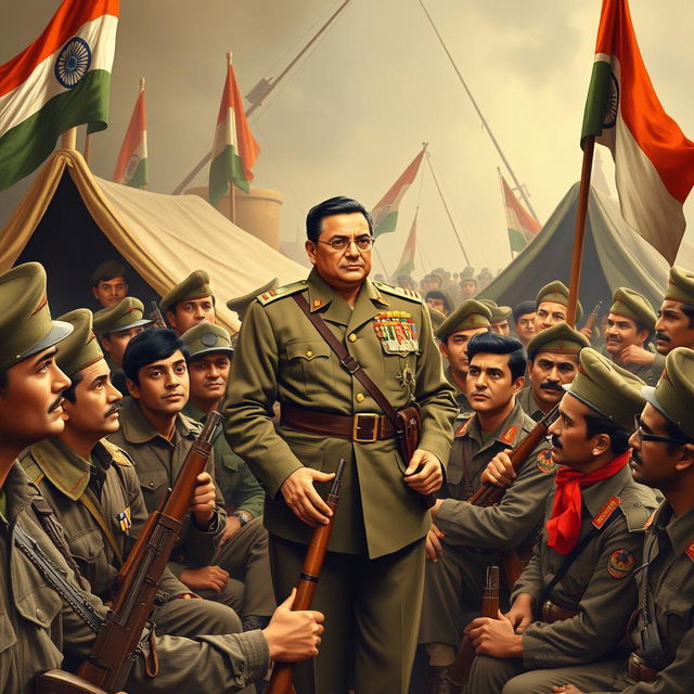 A historical scene depicting Netaji Subhas Chandra Bose in the midst of the Azad Hind Fauj during the years 1943-1945