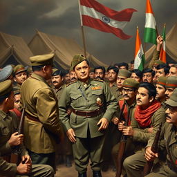 A historical scene depicting Netaji Subhas Chandra Bose in the midst of the Azad Hind Fauj during the years 1943-1945