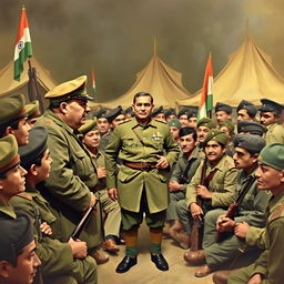 A historical scene depicting Netaji Subhas Chandra Bose in the midst of the Azad Hind Fauj during the years 1943-1945