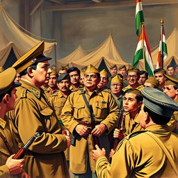 A historical scene depicting Netaji Subhas Chandra Bose in the midst of the Azad Hind Fauj during the years 1943-1945