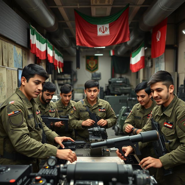 A group of young Iranian Basij members working inside a military base