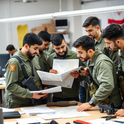 A group of young Iranian Basij members actively working together in a collaborative environment