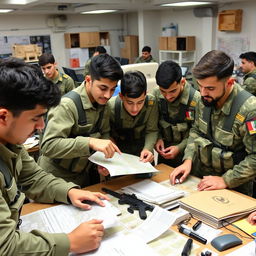 A group of young Iranian Basij members actively working together in a collaborative environment