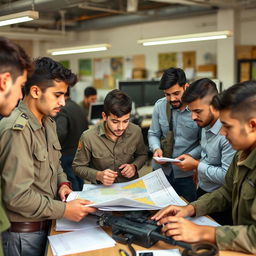 A group of young Iranian Basij members actively working together in a collaborative environment
