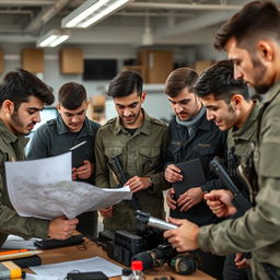 A group of young Iranian Basij members actively working together in a collaborative environment