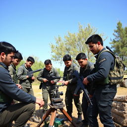 A group of young Iranian Basij members working outdoors in an open space