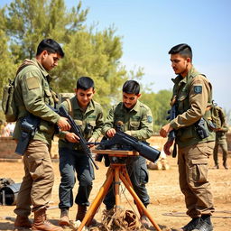 A group of young Iranian Basij members working outdoors in an open space