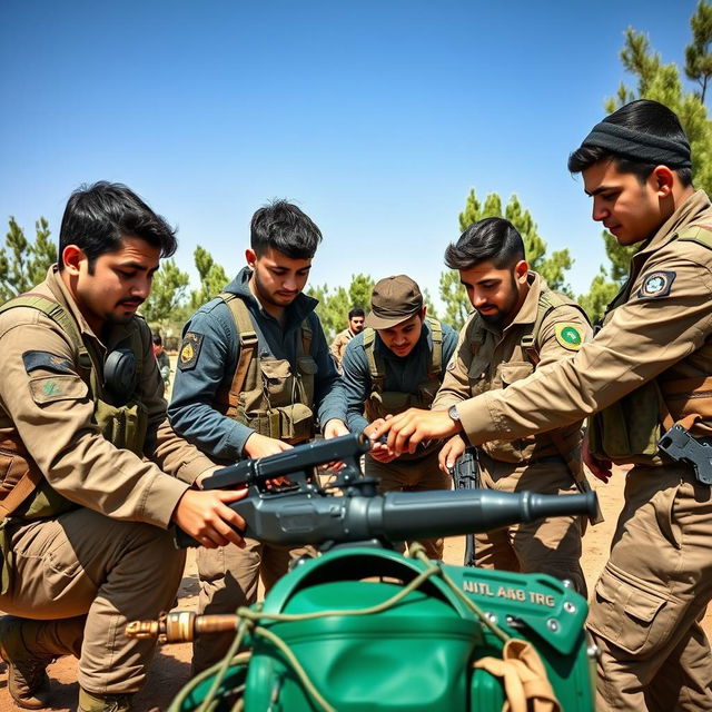 A group of young Iranian Basij members working outdoors in an open space