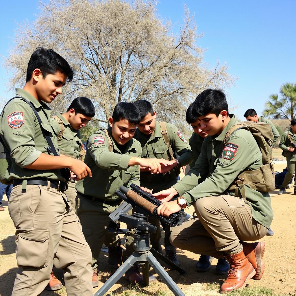 A group of young Iranian Basij members working outdoors in an open space