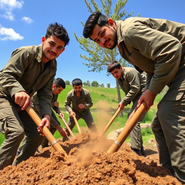 A group of young Iranian Basij members working outdoors, using shovels and pickaxes