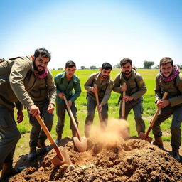 A group of young Iranian Basij members working outdoors, using shovels and pickaxes